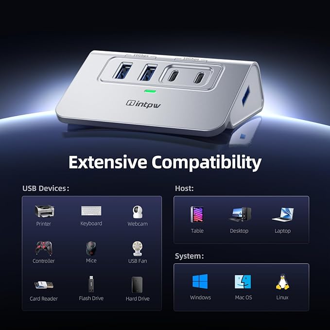 Intpw USB C Hub 10Gbps, 4 Port USB Splitter with 2 USB C/USB A 3.2 Data Ports, [Not Support Video and Chrging], Aluminum USB 3.2 Hub with 3.3Ft Cable for Laptop, PC, Mac, Flash Drive, Camera
