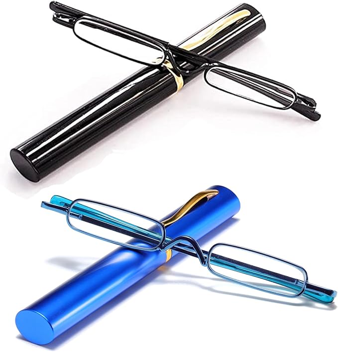 Viseng Slim Mini Metal Reading Glasses Compact Lightweight Portable Readers with Glasses Case for Reading Case Black+Blue+1.0