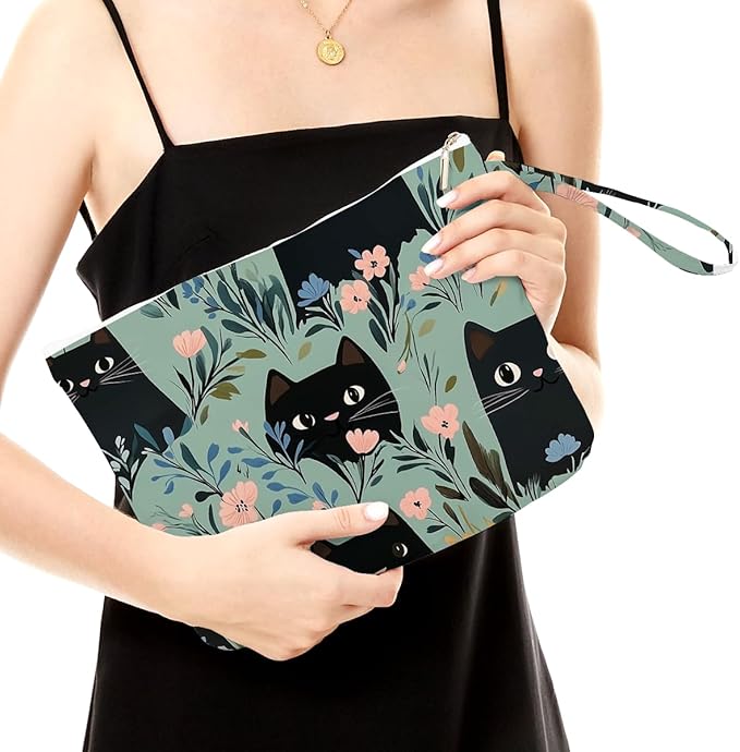 Fokongna Black Cat Print Wet Bag, Small Portable Waterproof Multi-Functional Organizer for Women，Green Floral Black Cat Pattern，Ideal for Daily, Beach & Travel