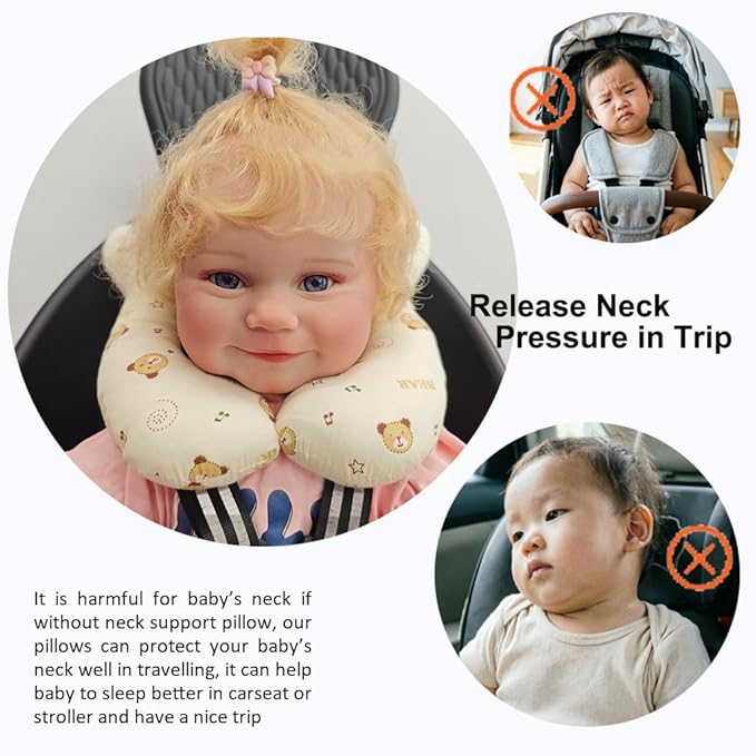Baby Head Rest Pillow for Stroller Cartoon Neck Chin Support Pillows for Infants Toddler Neck Protection Cushion for Travelling, Music Bear