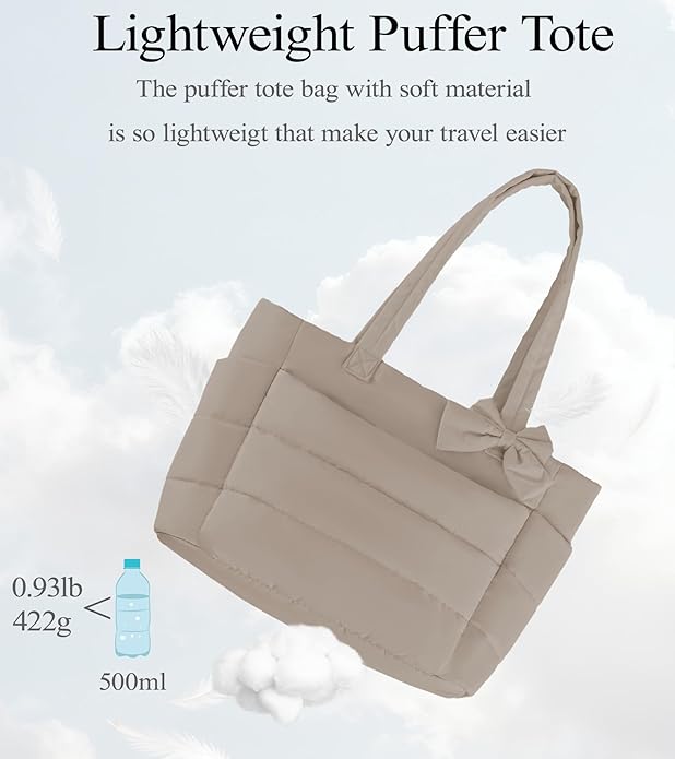 Puffer Tote Bag for Women, Quilted Bow Tote Bag with Cup Holder & 15.6 In Laptop Compartment for Work, Travel, Gym, College