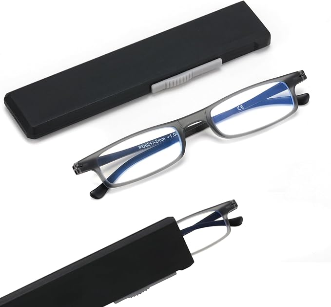 SKYOAK Ultra thin Lightweight Folding Reading Glasses Women Men TR90 Blue Light Blocking Anti UV/Eyestrain Foldable Compact Computer Readers Portable Unique Stretchable Slim Flat case Gunmetal, +3.5
