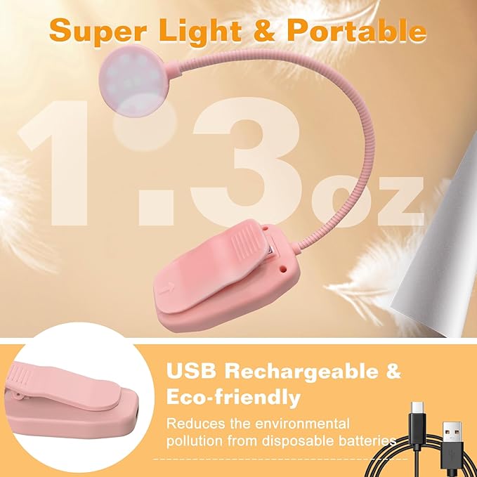 KTEBO Rechargeable Clip-On Book Light, 10-LED Bed Reading Lamp with 3 Color & 3 Brightness, USB-C, Up to 30-Hour Runtime, 360 Degree Gooseneck, Ultralight 1.4oz, Great Stocking Stuffers, Black & Pink