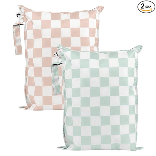 Tiny Twinkle Mess Proof Wet Bags | 2-Pack Reusable Waterproof Wet Bags for Swimsuits | Baby Clothes | Travel & Diaper Bag (Unisex Checkers)