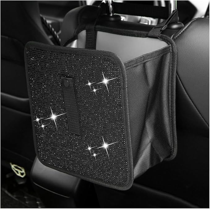 Car Trash Can, Bling Rhinestone Crystal Waterproof Hanging Garbage Bag for Car Interior, Oxford Leakproof Foldable Waste Organizer Trash Bin Universal for Most Vehicles (Black)
