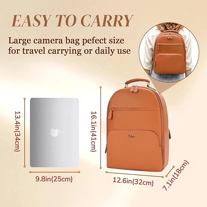 Camera Backpack Classic PU Leather for DSLR, Professional Camera Bag for Photographers with 15 Inch Laptop Compartment Large 20L