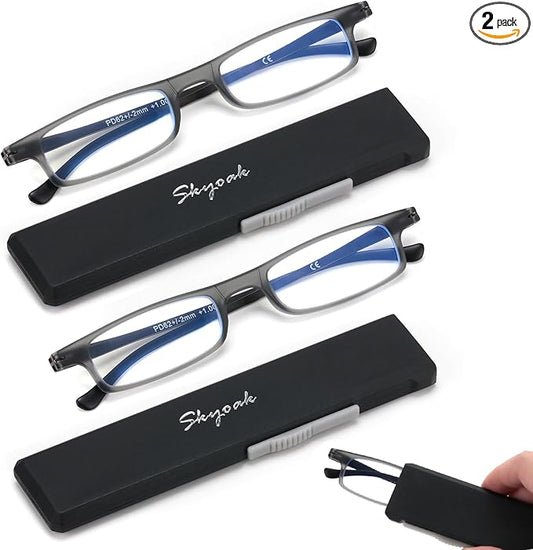 2 Pack Ultra thin Lightweight Folding Reading Glasses Women Men TR90 Blue Light Blocking Anti UV/Eyestrain Foldable Compact Computer Readers Portable Unique Stretchable Slim Flat case Gunmetal, +3.0