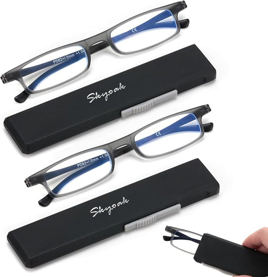 2 Pack Ultra thin Lightweight Folding Reading Glasses Women Men TR90 Blue Light Blocking Anti UV/Eyestrain Foldable Compact Computer Readers Portable Unique Stretchable Slim Flat case Gunmetal, +1.0