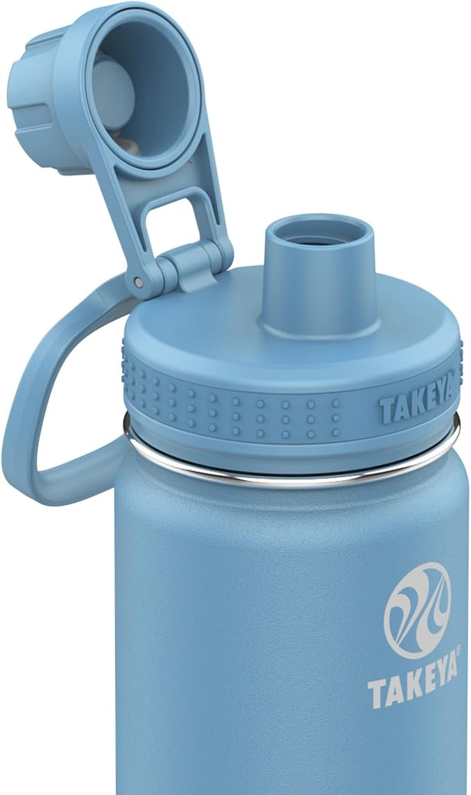 Takeya Actives Stainless Steel Water Bottle, Insulated Spout Lid, Keeps Drinks Cold 24 Hrs, Leakproof, Durable, Dishwasher Safe, Ideal for Gym, Travel, Fits Most Cup Holders, 24 oz/Bluestone