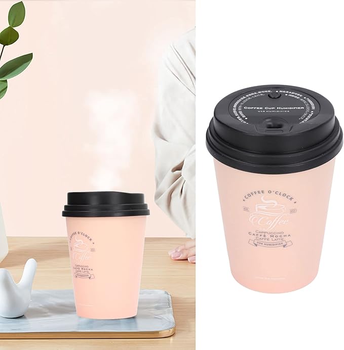 Humidifiers for Bedroom, 300ml Cool Mist Humidifiers, USB Mini Cute Coffee Cup Humidifier Car Desk Low Noise Auto Shut-Off for Car Plant Office(Pink)