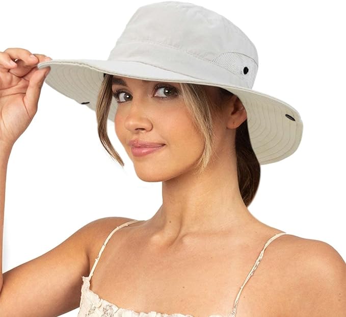 Sun Hat for Women Summer UV Protection Beach Hat Wide Brim Mesh Bucket Fishing Hat with Ponytail Hole Foldable Packable Hat