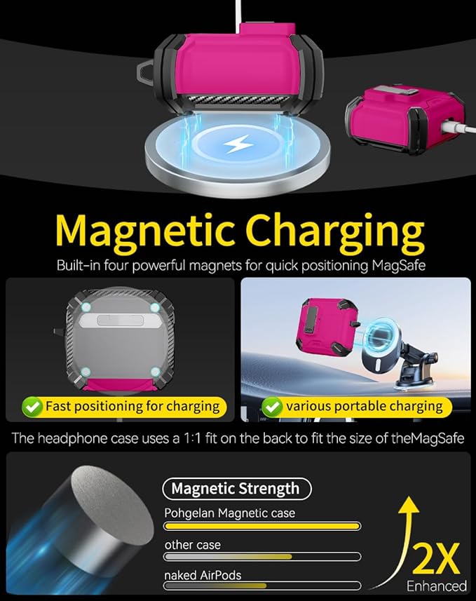 Pohgelan Compatible with AirPods 4 Case,Magnetic Automatic Lock with Phone Stand & Cleaning Kit,Compatible with Magsafe Cover -Rose red