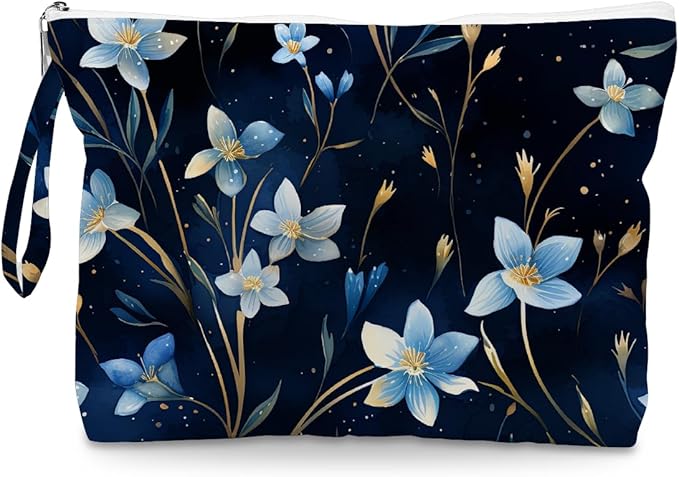 Fokongna Floral Print Wet Bag, Small Portable Waterproof Multi-Functional Organizer for Women, Ideal for Daily, Beach & Travel, Midnight Blue Starry Bluebell