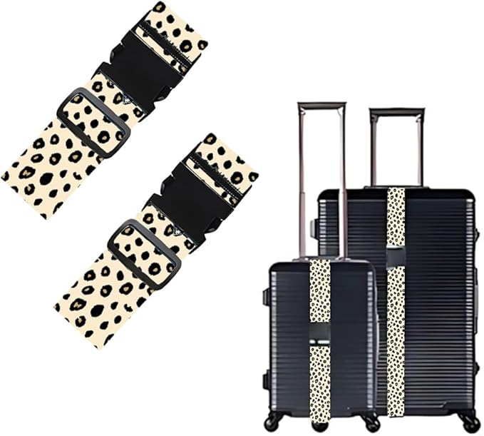 2 Pack Luggage Straps for Suitcases, Adjustable Travel Belt with Buckle, 2" Wide Heavy Duty Suitcase Straps for Summer Vacation, Trendy Leopard Print, Travel Essentials, Cream/Black, Multi