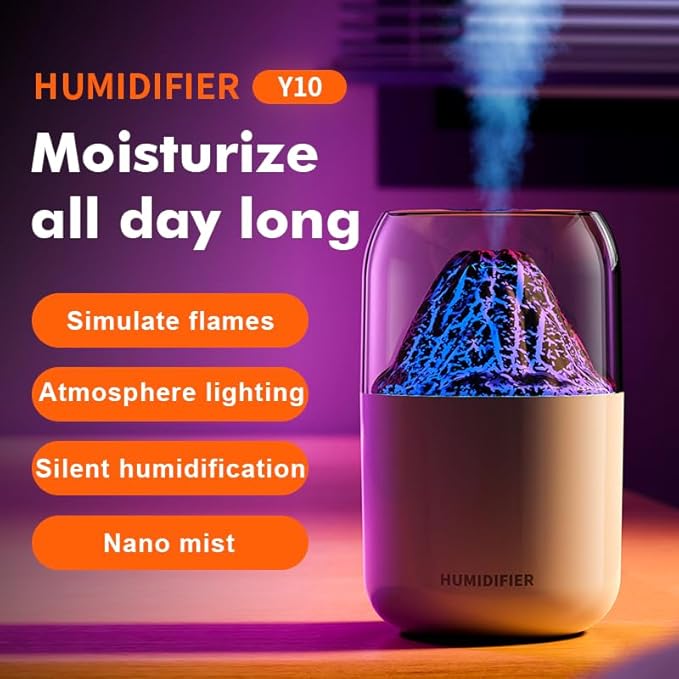 Portable Mini Volcano Humidifier, 300ml Small Cool Mist Humidifier, USB Personal Desktop Humidifier for Baby Bedroom Travel Office Home, Auto Shut-Off, 2 Mist Modes, Super Quiet-white