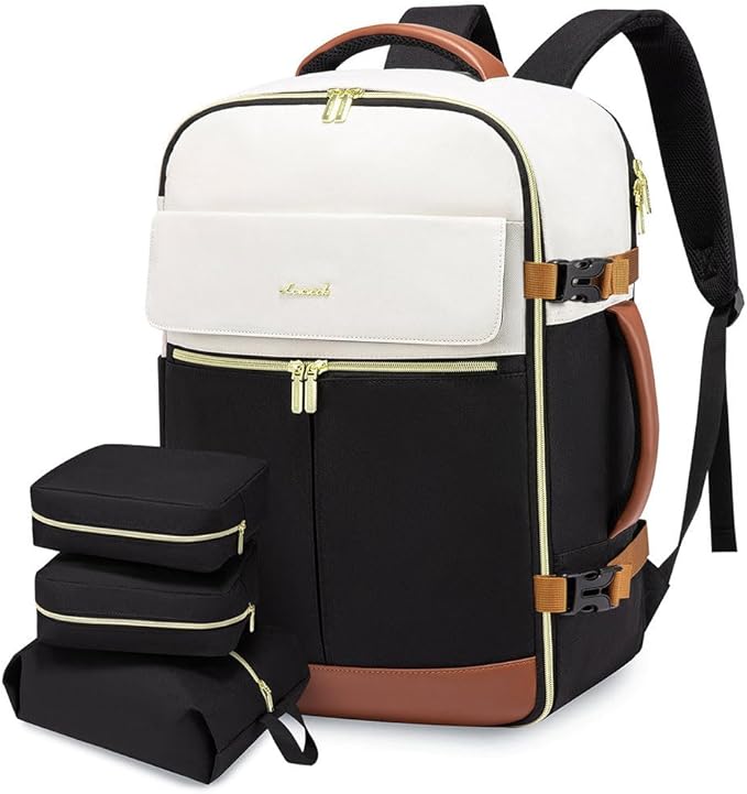 LOVEVOOK Travel Backpack for Women, TSA Carry On Backpack Flight Approved Luggage, 30L Water Resistant Personal Item Daypack Large Weekender Bag fit 15.6 inch Laptop with 3 Cubes, Beige-black-brown