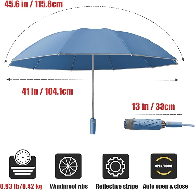 Fogkey Large Windproof Travel Umbrella - Reverse Auto Folding Car Umbrella for Rain and Sun, Compact Inverted Design with Waterproof Canopy, 10 Durable Ribs, Fits Backpack, Portable for Women & Men