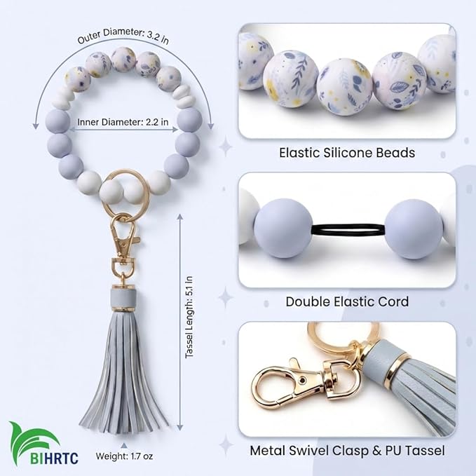 BIHRTC Key Ring Bracelet Car Keychain Holder Wristlet Silicone Women Beaded Bangle Chains