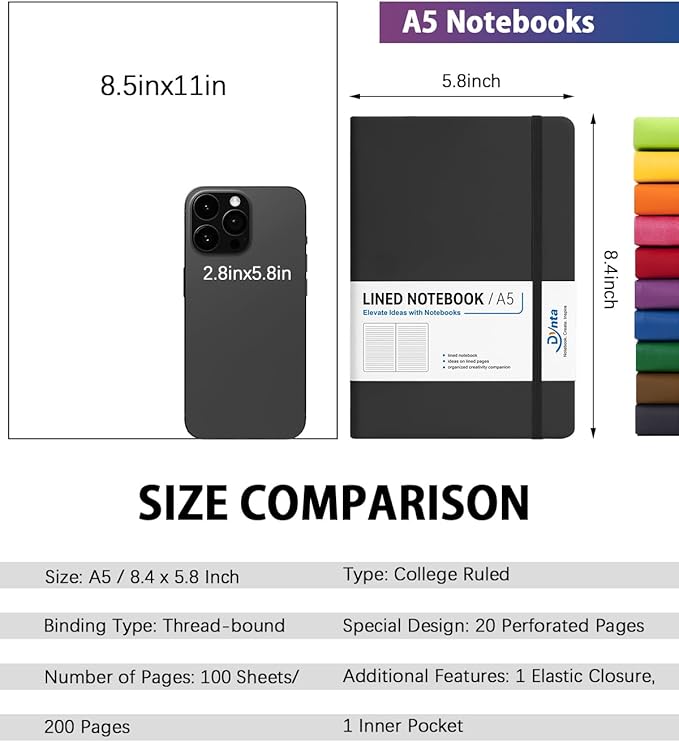 Dynta Hardcover Journal Notebooks, 10 Packs A5 Lined Journals Bulk for Writing 200 Pages/100Sheets, 8.4 x 5.8 inch, 10 Colors Classic Ruled Notebook for Work/Travel/College/Note Taking