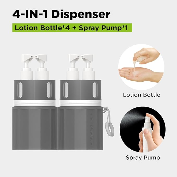 4 in 1 Travel Toiletry Containers,TSA Approved Refillable Travel Size Toiletries Bottles Set with Suction Cup for Smooth Walls - for Shampoo,Conditioner,Body Wash,Lotion.(Grey)