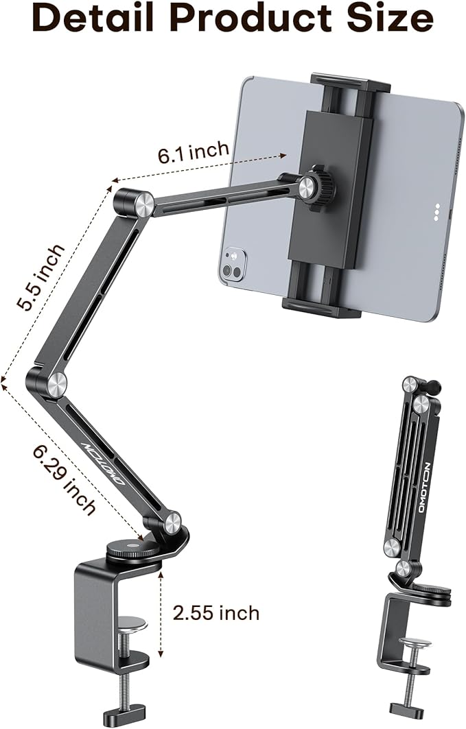 OMOTON Tablet Stand for iPad with 360° Rotation, GH03 Aluminum Alloy Long Arm Phone Mount with 2 Plastic Clamps (Phone & Tablet), Adjustable Holder for 4-13" iPad Pro/iPhone, Black