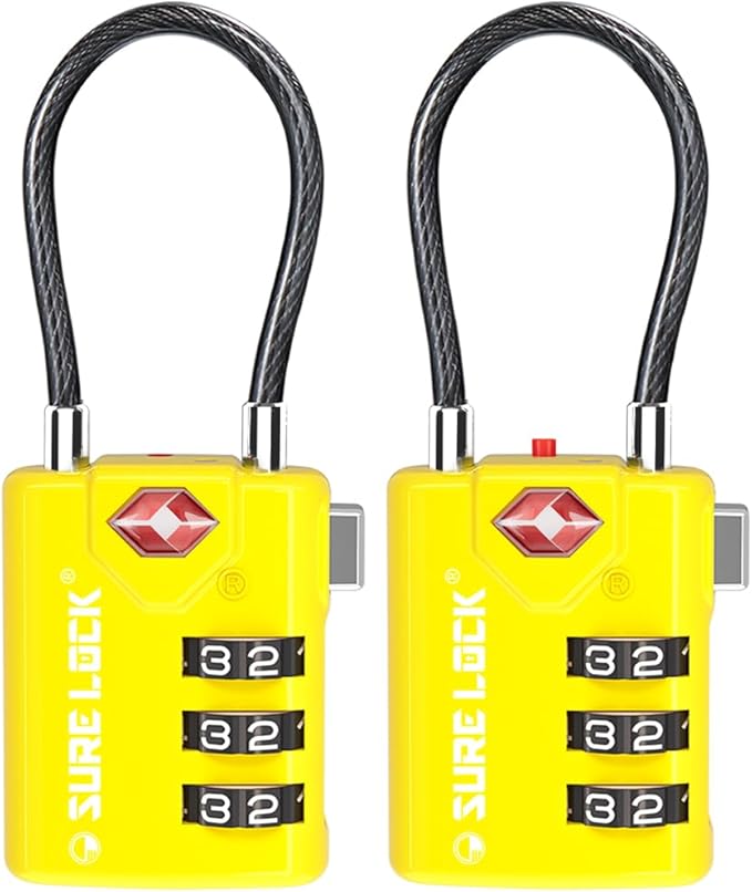 SURE LOCK TSA Approved Luggage Locks with Open Alert Indicator, 3 Digit Combination Cable Travel Lock for Suitcase, Backpack, Gym Locker, Toolbox & Travel Bag(2, Yellow)