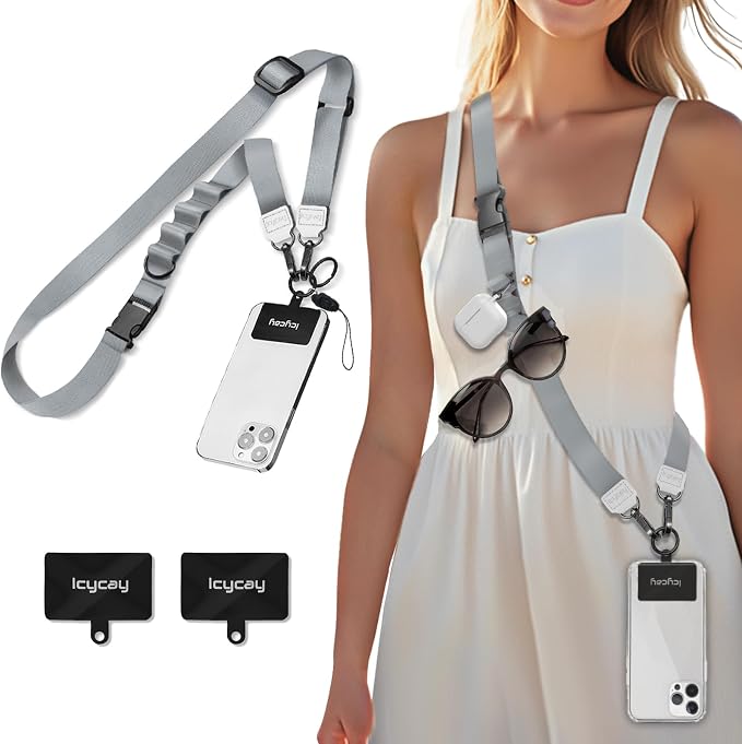 Icycay Phone Lanyard Crossbody, Silver Gray Cell Phone Strap for Around The Neck Adjustable, Anti Theft Cute Lanyard for ID Holder Keys Accessories Travel Essential