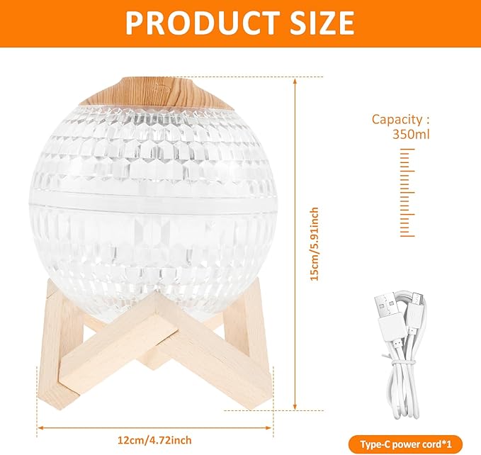 Crystal Ball Mist Mini Humidifier with Night Light Elegant Crystal Ball Oil Humidifiers with Wood Stand 350ml Mini Humidifier Auto Power Off Aromatherapy Diffuser Portable for Decoration Travel Office