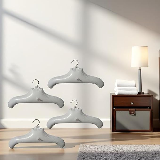 Inflatable Hangers for Travel X 4 in White Round Shoulder, Air Blow up Clothes Drying Hangars with Metal Hook, Compact, Space Saving, Foldable, Portable, Non Slip for Hand Wash Laundry