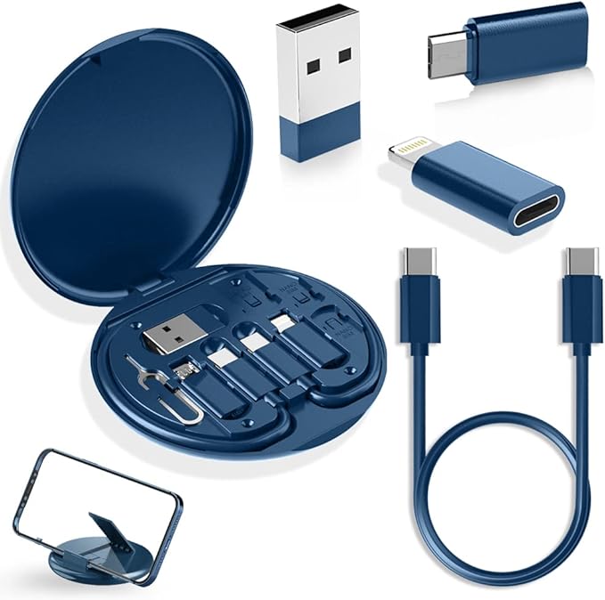 YANZIE USB Adapter Kit, Travel Charging Organizer Case with USB C, Micro USB and Lightning-Compatible Adapters, SIM Card Holder, Eject Pin and Phone Stand for Travel, Office and Car, Blue