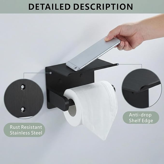 Toilet Paper Holder with Shelf, Heavy-Duty Stainless Steel Bathroom Hardware, Self-Adhesive No-Drill/Drill-Mount Wall-Mounted Roll Holder, Rust-Proof Bathroom Tissue Rack (Black)