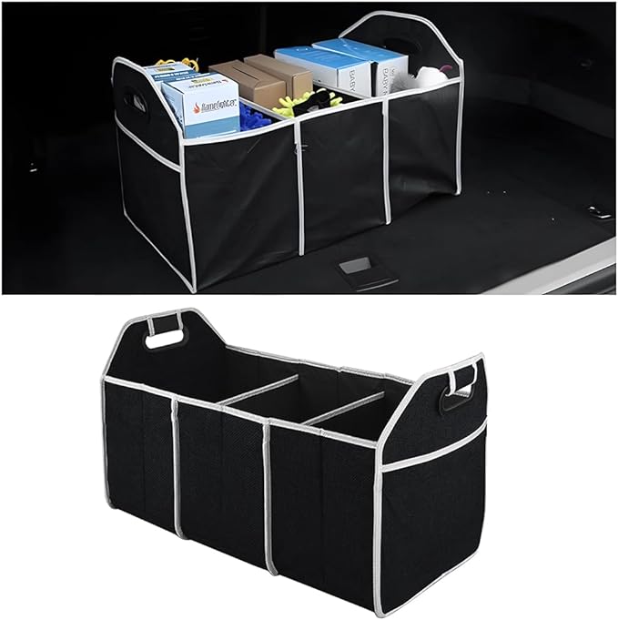 Osilly Car Trunk Organizer, Foldable Storage Organizer with 3 Compartments, Large Capacity Storage Box for Auto, Portable Waterproof Bag for Cargo Trunk, Universal for SUV, Truck, Van