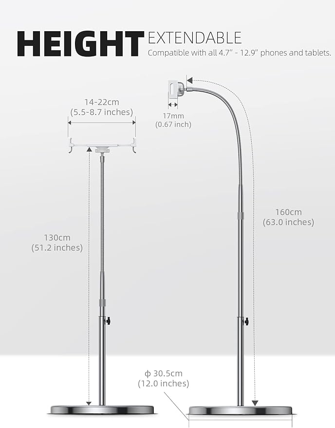 Lamicall Tablet Floor Stand Gooseneck - Swivel Tablet Holder Mount with Adjustable Height & 10.6lb Stable Base, for 4.7-13" iPad mini Air Pro 12.9/9.7, Tab, Kindle, iPhone Air 17 Pro Max, Phones