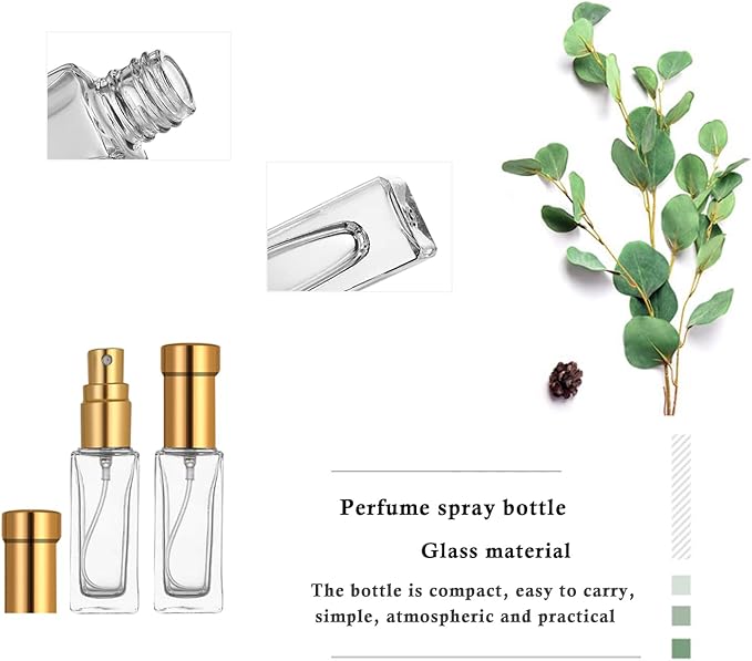 8PCS 10ml Perfume Spray Bottle, Mini Portable Travel Glass Square Spray Bottle, Small Fine Mist Sprayer, Refillable Atomizer, Sample Spray Bottle (Gold, 10ml)