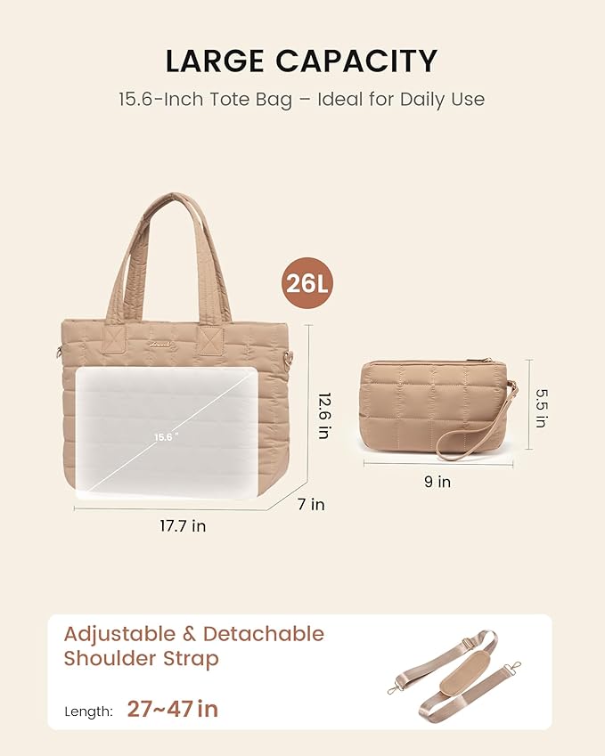 LOVEVOOK Laptop Tote Bag for Women, 17 Inch Large Puffer Work Computer Tote Bags for Teacher Nurse, Quilted Women's Purse Tote Shoulder Handbags with Zipper for Travel College Office Gym, Light pink