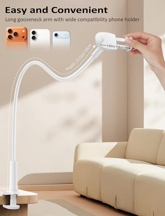 Tryone Gooseneck Phone Holder Stand for Bed Flexible Arm Adjustable Cell Phones Mount Clamp on Desk Bedframe Compatible with iPhone 14 Pro Max 13 12 11 X SE Series/Samsung S22 or Other 4"-7" Devices