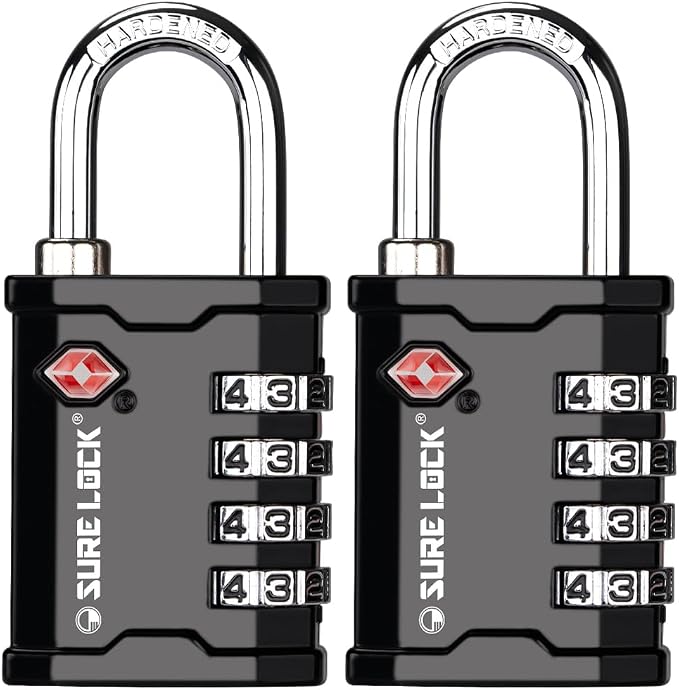 SURE LOCK TSA Accepted 4 Dig Heavy Duty Big Combination Luggage Padlock All Metal Travel Lock for Equipment Hard Case Luggage Gun Case Gym Locker Pelican Vault Lock(2, Black)