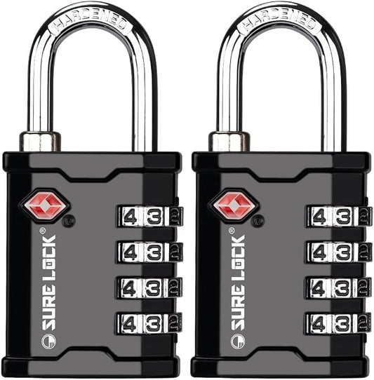 SURE LOCK TSA Accepted 4 Dig Heavy Duty Big Combination Luggage Padlock All Metal Travel Lock for Equipment Hard Case Luggage Gun Case Gym Locker Pelican Vault Lock(2, Black)