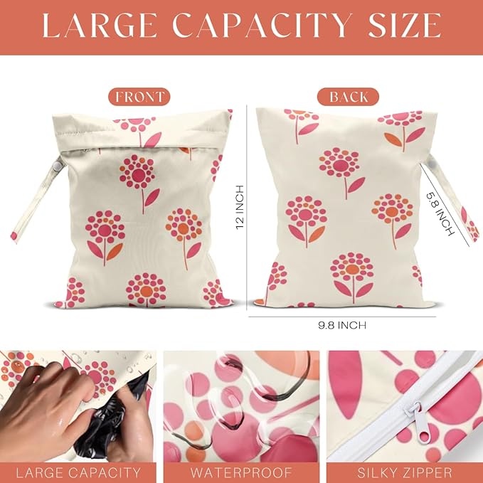 Floral Print Wet Bag, 3 Pack, Washable Reusable Wet Dry Bag for Swimsuit, Dirty Clothes Diaper Travel Pool Gym Party Camping Toiletries Travel Beach Essentials, Cute Wildflower Checkered Pattern