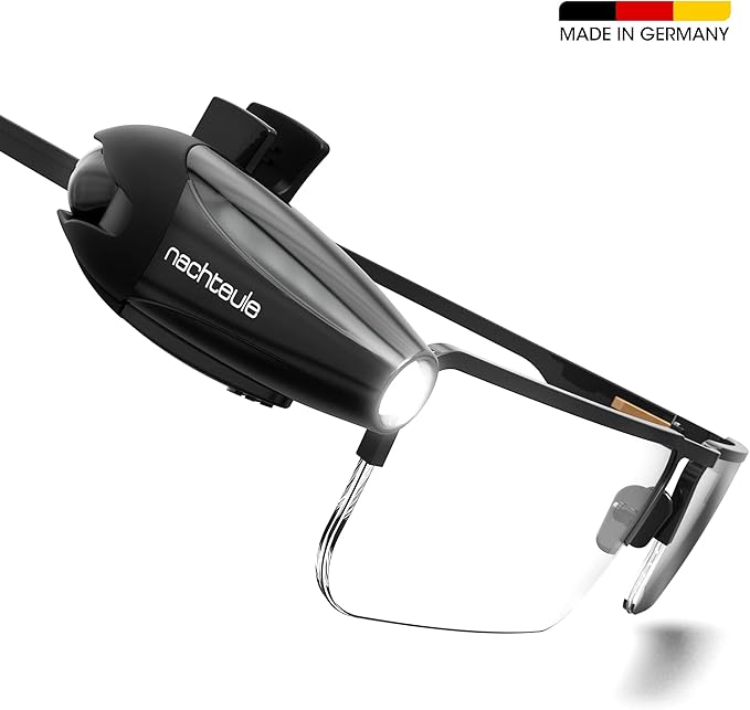 Nachteule Rechargeable Reading Light for Glasses, Headphones or Headband (Included). LED Book Light. Award Winning Clip-on Design Made in Germany. Complimentary Protective Case Included