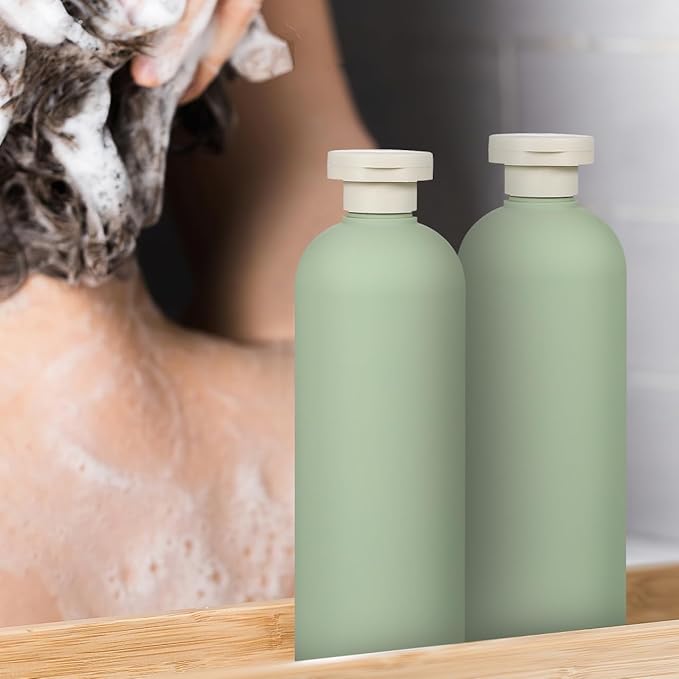 Cabilock 400ml Plastic Squeeze Bottles with Flip Caps Large Refillable Travel Bottles for Shampoo, Lotion & Conditioner Leakproof Toiletry Container Set, Green, 2pcs