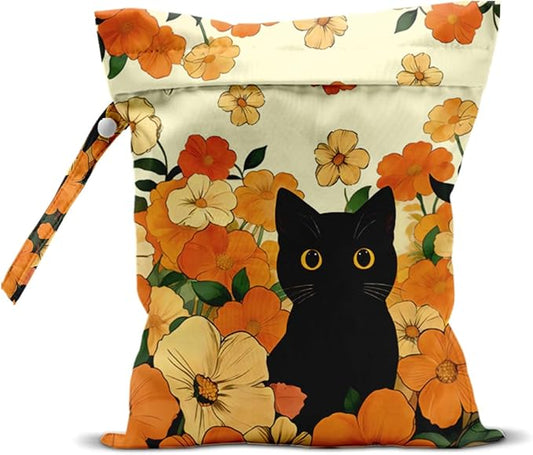 Black Cat Floral Wet Dry Bags Reusable Waterproof Wet Bags Swimsuit Bag Diaper Pouch for Travel Towels Beach Gym Cat Gifts for Women Friend Travelers 10 x 13 Inches