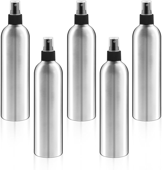 5 Pack 300ml/5oz Empty Aluminum Spray Bottles,Metal Fine Mist Sprayer,Refillable Cosmetic Atomizer Set with Lids for Cosmetic,Perfume,Face Spray,Air Freshener,Cleaning,Gardening
