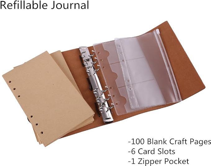 Leather Writing Journal Notebook, MALEDEN Vintage Traveler Notebook Sketchbook Classic Refillable Diary Planner for Girls and Boys with Blank Paper and Zipper Pocket