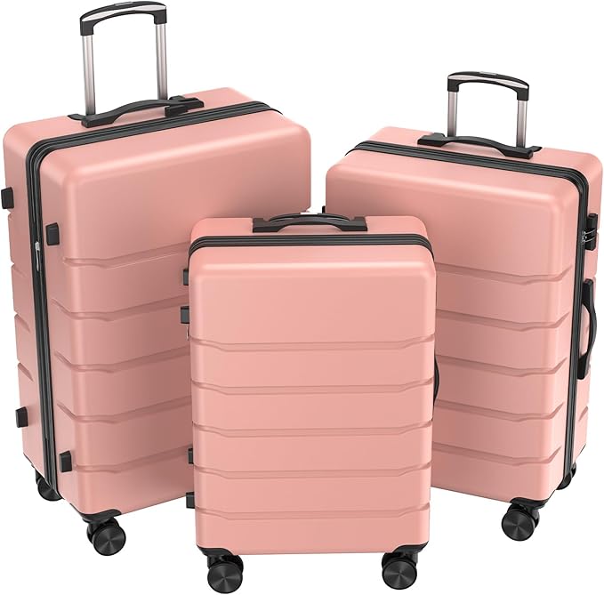 NEWBULIG 3 Piece Luggage Set, Expandable Hard Shell Lightweight Travel Suitcases with Spinner Wheels and TSA Lock, Rolling Luggage for Business Trips and Vacations, 20/24/28 Inch, Pink