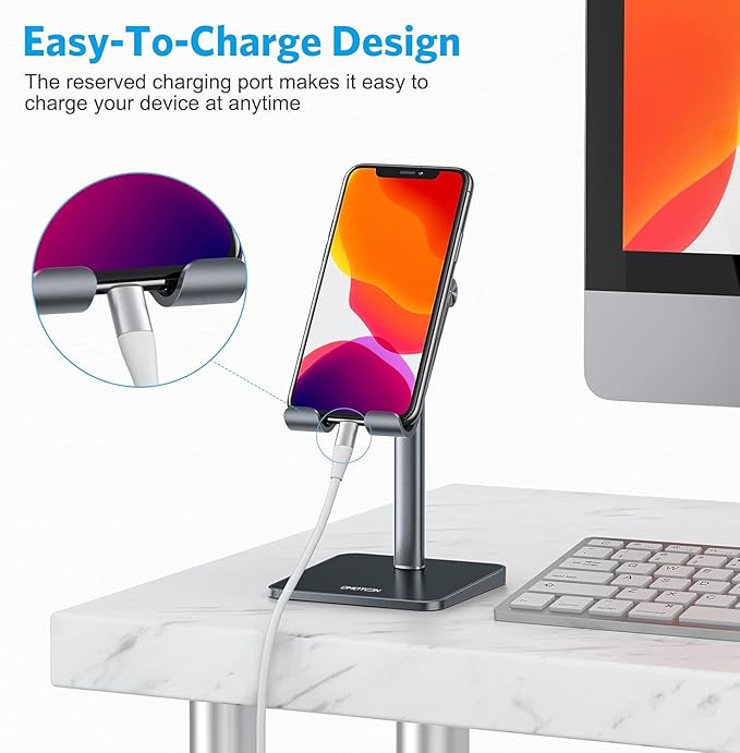 OMOTON Cell Phone Stand, Adjustable Angle Height Desk Phone Dock Holder for iPhone Air/17 Pro Max/ 11 Pro/XS Max/XR, Samsung Galaxy S20 / S10 / S9 / S8 and Other Phones (3.5-7.0-Inch), Gray