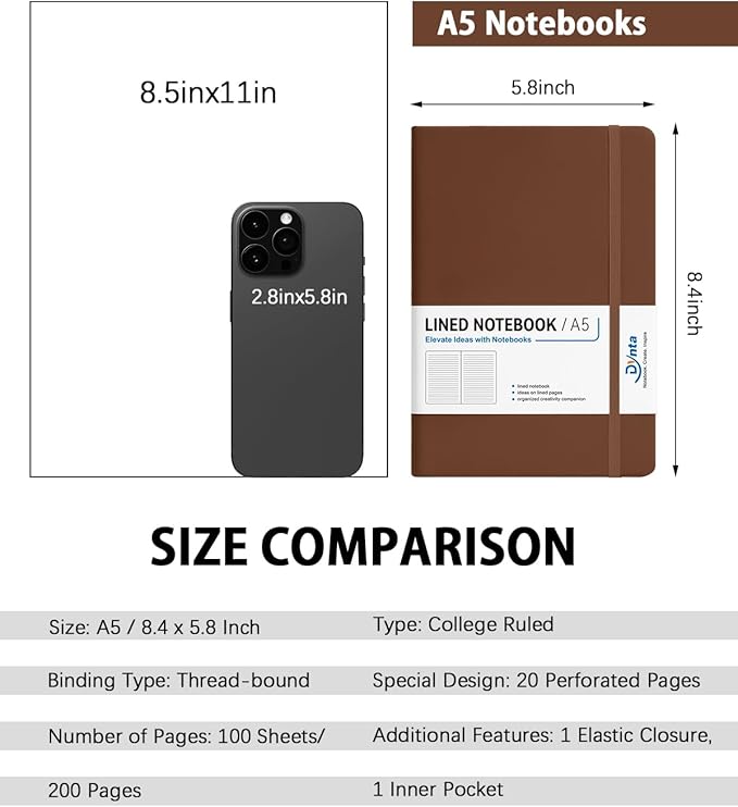 Dynta Hardcover Journal Notebooks, 10 Packs A5 Lined Journals Bulk for Writing 200 Pages/100Sheets, 8.4 x 5.8 inch, Classic Ruled Notebook for Work/Travel/College/Note Taking(Brown)
