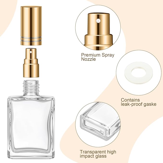 Domensi 60 Pcs 10/15/30/50 ml Glass Perfume Bottles Mini Glass Empty Spray Atomizer Bottles Bulk Refillable Perfume Dispenser Container with Pump Tool for Travel Skin Care (15 ml,Gold)