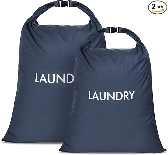 2 Pack Waterproof Travel Laundry Bag Set, Roll-Top Wet Dry Bag for Odor Control & Separating Dirty Clothes, Packable Space Saver Organizer for Gym, Swimming & Cruise Suitcases