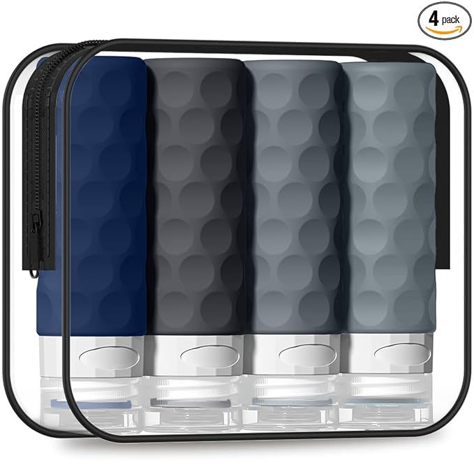 Silevoler Travel Bottles for Toiletries, 4pcs Tsa Approved 3oz Travel Size Containers, BPA Free Leak Proof Premium Silicone Bottles, Refillable Liquid Squeezable Accessories W/Toiletry Bag (Navy Blue)